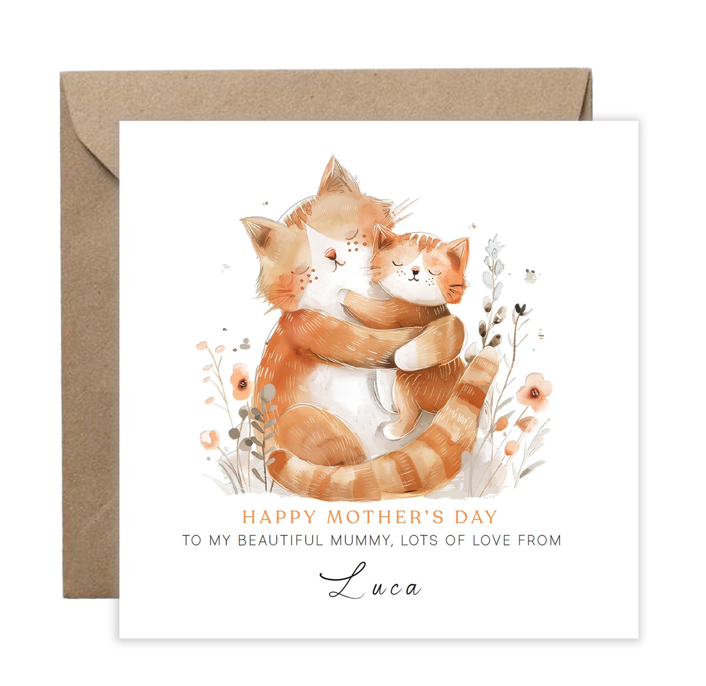 Personalised Happy Mother's Day Card with Custom Name for Mummy, Mama, Mum, Mother to be, Cat Lovers, Owner, Grandma from Kid, Son & Daughter – Cute Cat Mum & Kitten - Brown Kraft Envelope Included