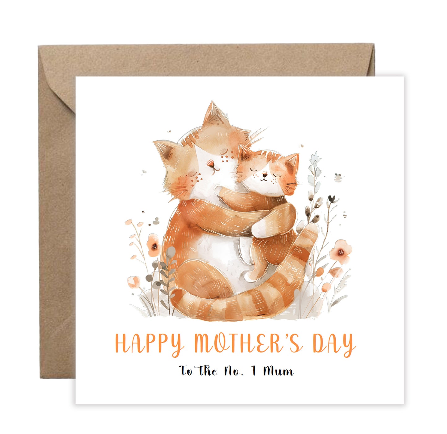 Happy Mother’s Day Card To The No. 1 Mum for Her, Mama, Mum, Mother to be, Cat Lover, Cat Owner, Grandma from Children, Son & Daughter – Cute Cat Mummy & Kitten Design - Brown Kraft Envelope Included