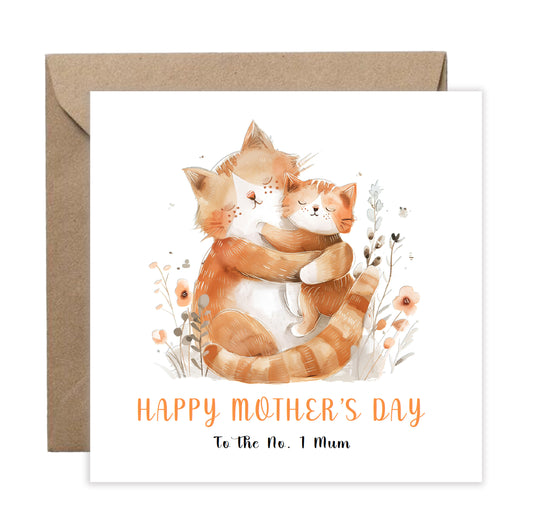 Happy Mother’s Day Card To The No. 1 Mum for Her, Mama, Mum, Mother to be, Cat Lover, Cat Owner, Grandma from Children, Son & Daughter – Cute Cat Mummy & Kitten Design - Brown Kraft Envelope Included