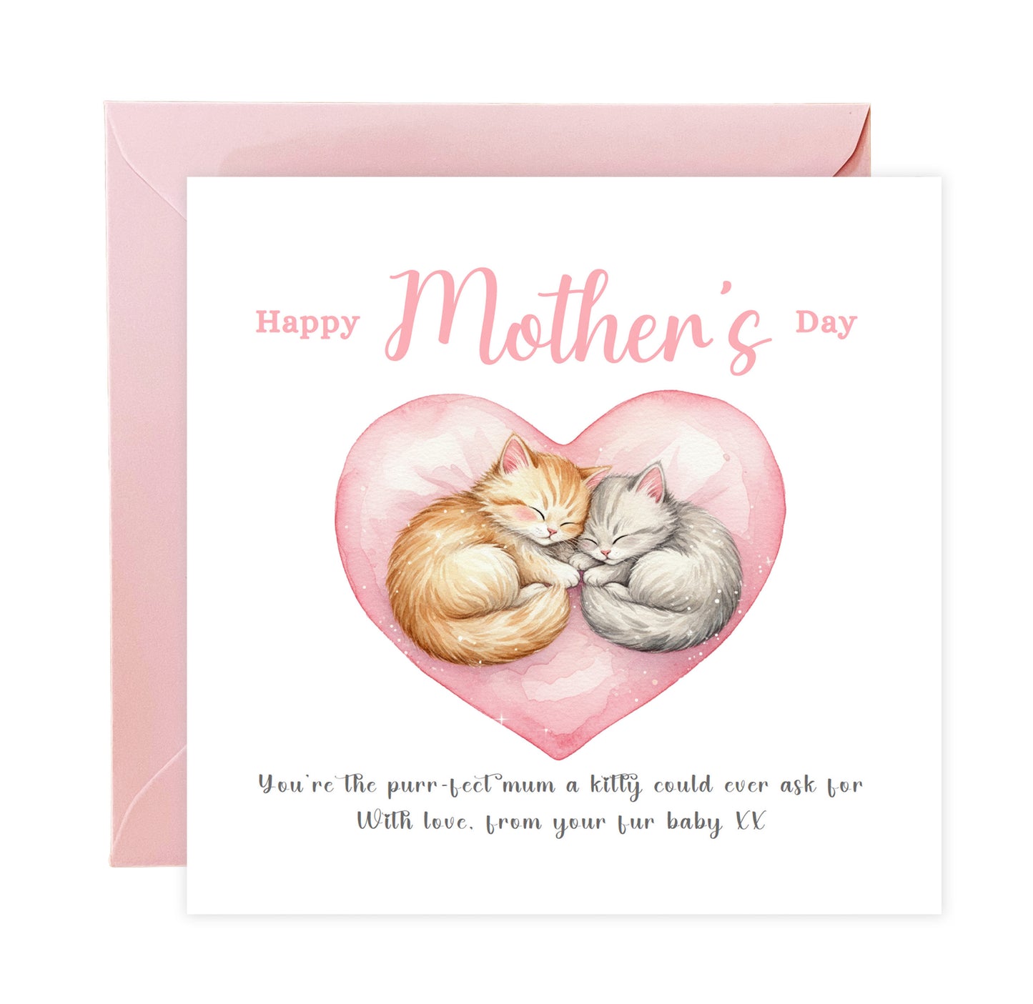 Happy Mother's Day Card for Cat Mum Mummy Mother from Kitten and Fur Baby – Cute Kitten Heart Design - Mothers Day Card for Cat Lover, Cat's Mum from Fur Baby, Son, Daughter, - Pink Envelope Included