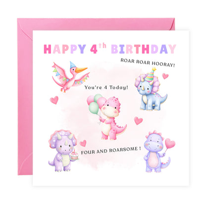 Happy 4 Years Old 4th Birthday Card for Girls – Cute Dinosaurs Design & Message - Age 4 Pink Dinosaur Birthday Card for Kids Children Daughter Granddaughter Niece with Pink Envelope