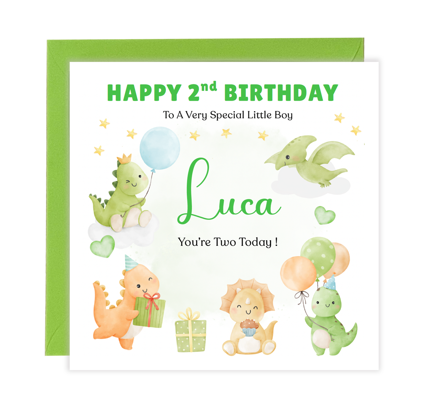 Personalised 2 Years Old 2nd Birthday Card for Toddler Boy – Dinosaur Design with Custom Name & Message - Two years old Birthday Card for Son, Grandson Nephew with Green Envelope