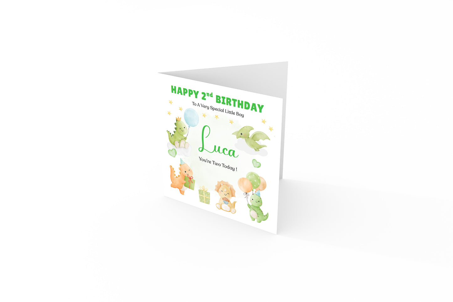 Personalised 2 Years Old 2nd Birthday Card for Toddler Boy – Dinosaur Design with Custom Name & Message - Two years old Birthday Card for Son, Grandson Nephew with Green Envelope