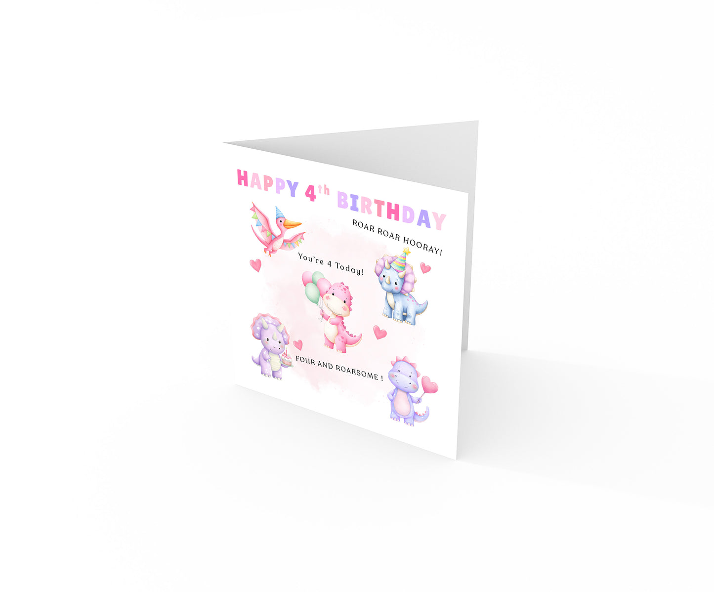 Happy 4 Years Old 4th Birthday Card for Girls – Cute Dinosaurs Design & Message - Age 4 Pink Dinosaur Birthday Card for Kids Children Daughter Granddaughter Niece with Pink Envelope