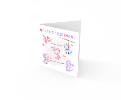 Happy 4 Years Old 4th Birthday Card for Girls – Cute Dinosaurs Design & Message - Age 4 Pink Dinosaur Birthday Card for Kids Children Daughter Granddaughter Niece with Pink Envelope