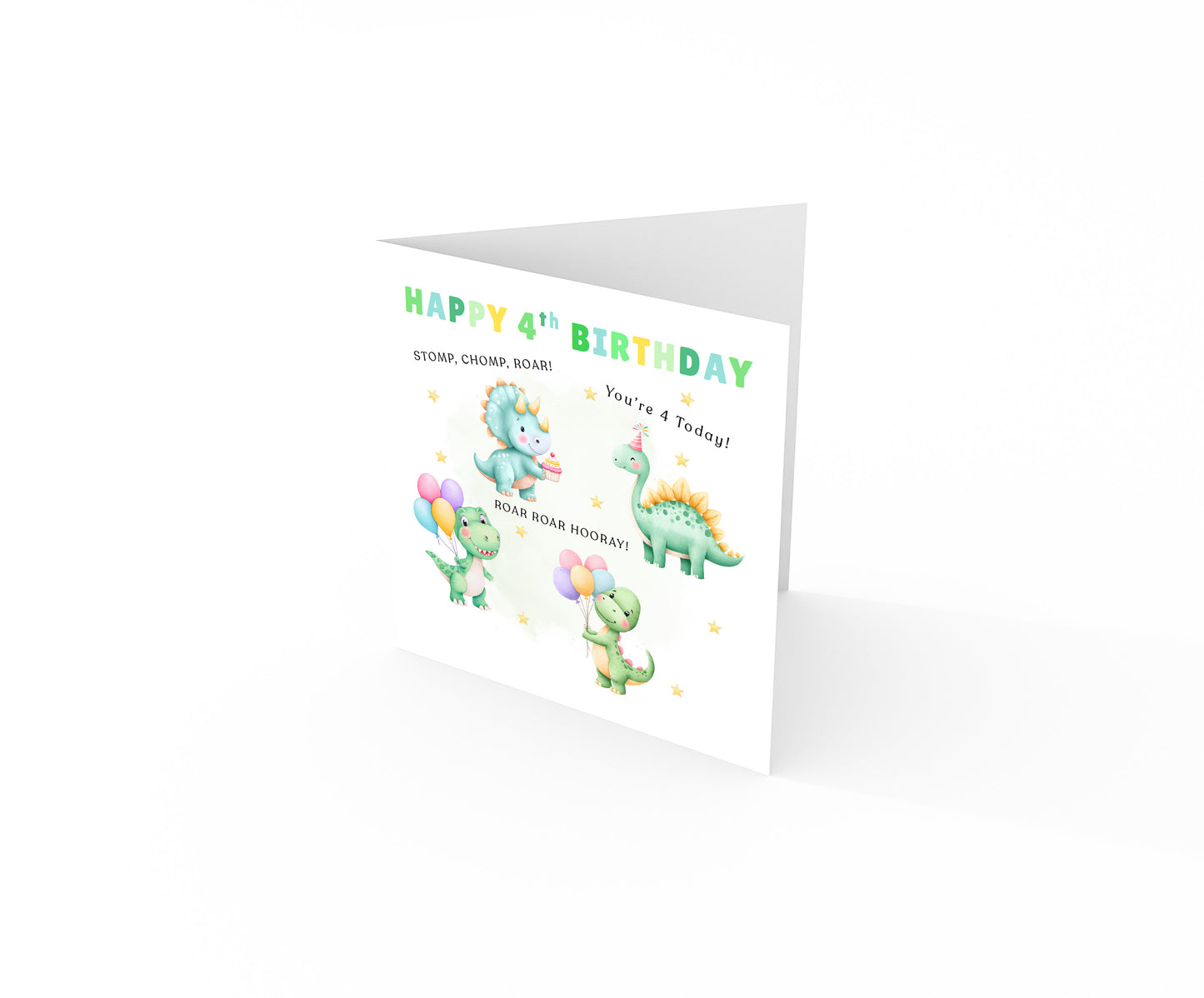 Happy 4th Birthday Card for Boys – Dinosaurs Design, Age 4 Years Old Fourth Birthday Card for Kids, Children, Boy, Son, Grandson, Nephew – Green Envelope Included