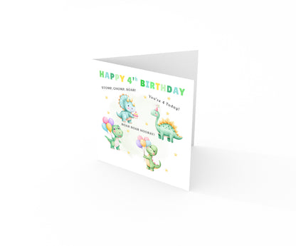 Happy 4th Birthday Card for Boys – Dinosaurs Design, Age 4 Years Old Fourth Birthday Card for Kids, Children, Boy, Son, Grandson, Nephew – Green Envelope Included