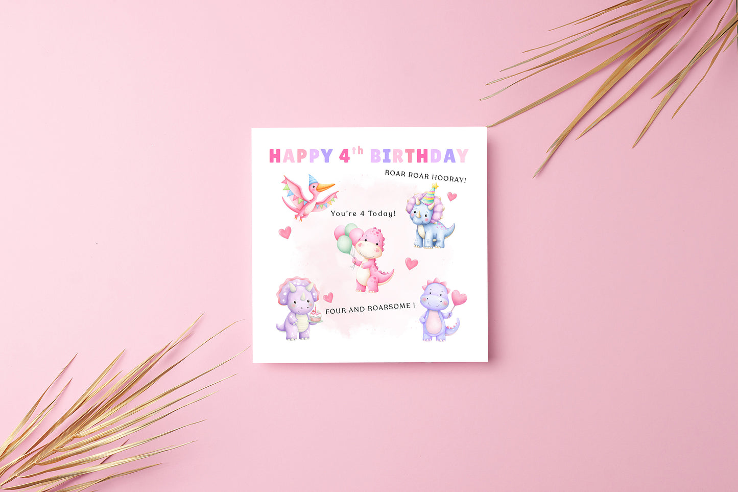 Happy 4 Years Old 4th Birthday Card for Girls – Cute Dinosaurs Design & Message - Age 4 Pink Dinosaur Birthday Card for Kids Children Daughter Granddaughter Niece with Pink Envelope
