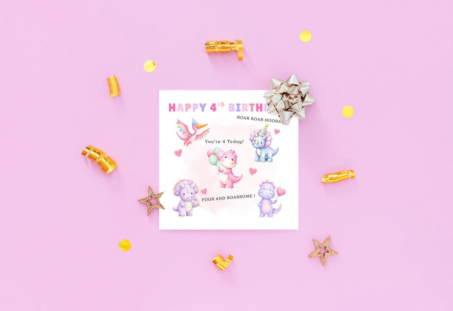 Happy 4 Years Old 4th Birthday Card for Girls – Cute Dinosaurs Design & Message - Age 4 Pink Dinosaur Birthday Card for Kids Children Daughter Granddaughter Niece with Pink Envelope