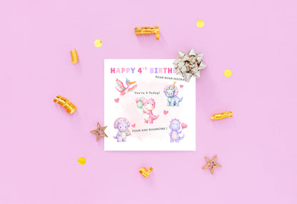 Happy 4 Years Old 4th Birthday Card for Girls – Cute Dinosaurs Design & Message - Age 4 Pink Dinosaur Birthday Card for Kids Children Daughter Granddaughter Niece with Pink Envelope