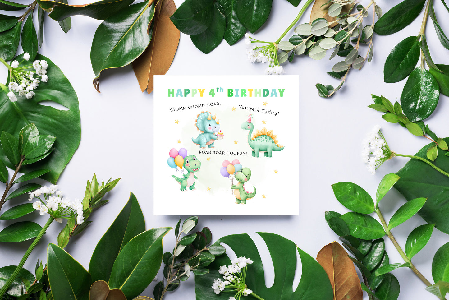 Happy 4th Birthday Card for Boys – Dinosaurs Design, Age 4 Years Old Fourth Birthday Card for Kids, Children, Boy, Son, Grandson, Nephew – Green Envelope Included
