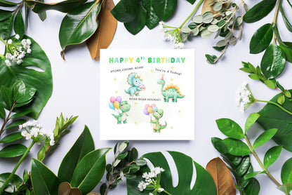 Happy 4th Birthday Card for Boys – Dinosaurs Design, Age 4 Years Old Fourth Birthday Card for Kids, Children, Boy, Son, Grandson, Nephew – Green Envelope Included