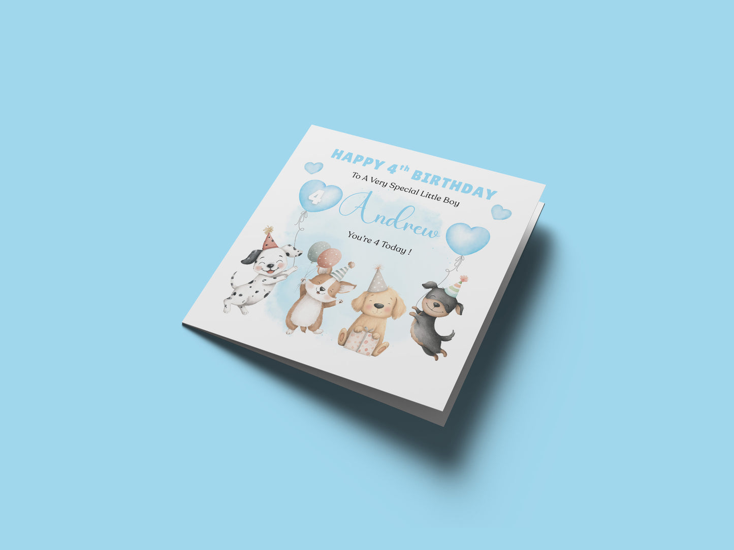 Personalised 4th Birthday Card for Boys – Cute Puppy Dogs Design with Custom Name and Message, Age 4 Years Old Birthday Card for Kids, Children, Boy, Son, Grandson, Nephew– Blue Envelope Included