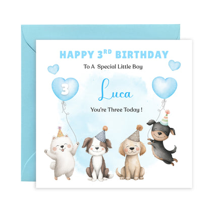 Personalised 3 Years Old 3rd Birthday Card for Toddler Boy – Puppy Dogs Design with Custom Name & Message - Age 3 Year Old Birthday Card for Little One, Son, Grandson Nephew with Blue Envelope