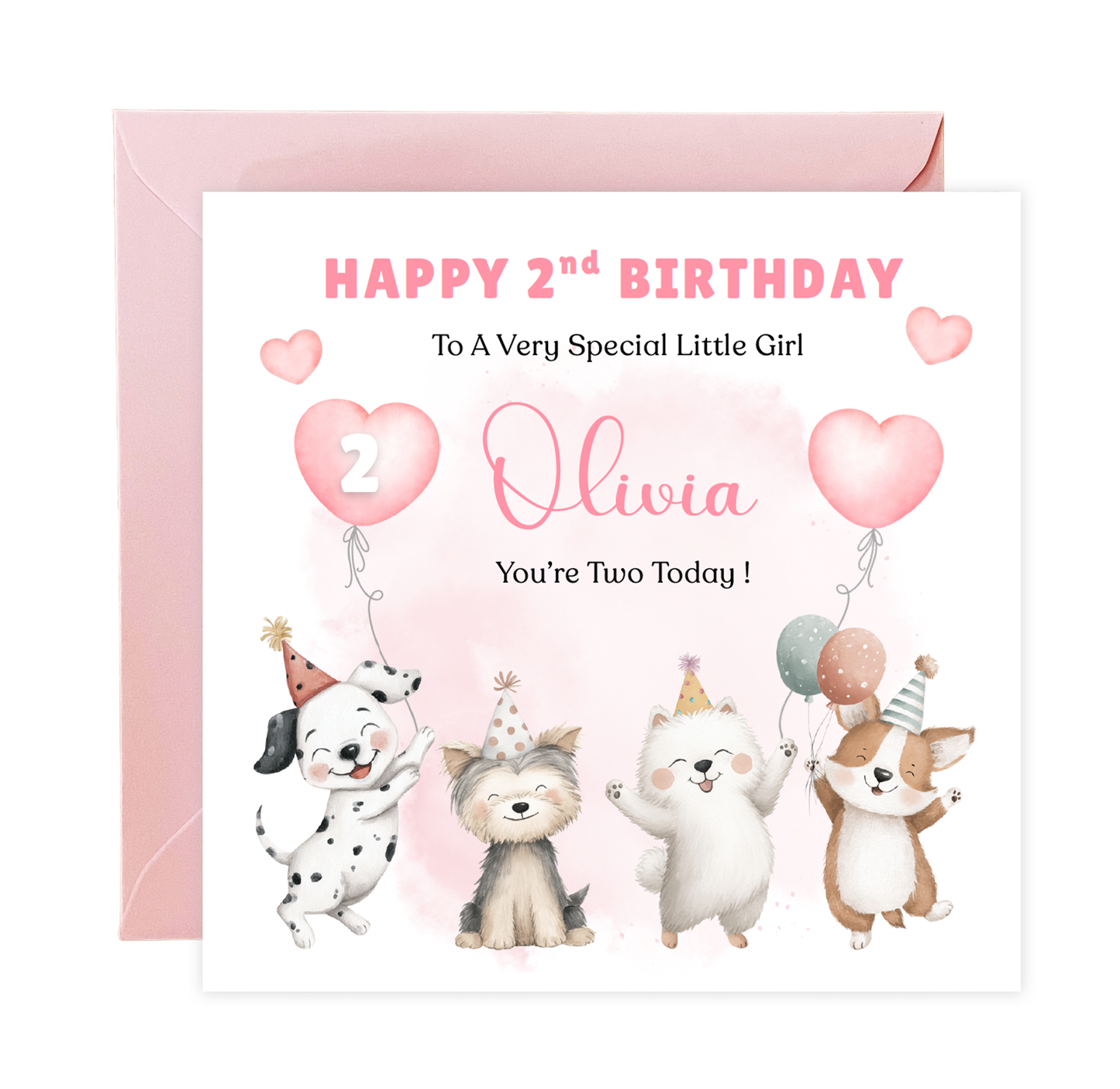 Personalised 2 Years Old 2nd Birthday Card for Toddler Girl – Puppy Dogs Design  Design with Custom Name & Message - Two years old Birthday Card for Daughter, Granddaughter, Niece with Pink Envelope