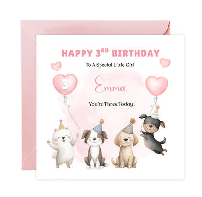 Personalised 3 Years Old 3rd Birthday Card for Toddler Girl – Puppy Dogs Design with Custom Name & Message - Age 3 Year Old Birthday Card for Girls, Daughter, Granddaughter, Niece with Pink Envelope