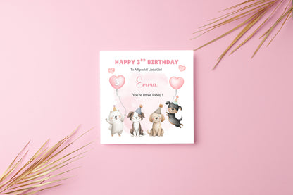 Personalised 3 Years Old 3rd Birthday Card for Toddler Girl – Puppy Dogs Design with Custom Name & Message - Age 3 Year Old Birthday Card for Girls, Daughter, Granddaughter, Niece with Pink Envelope