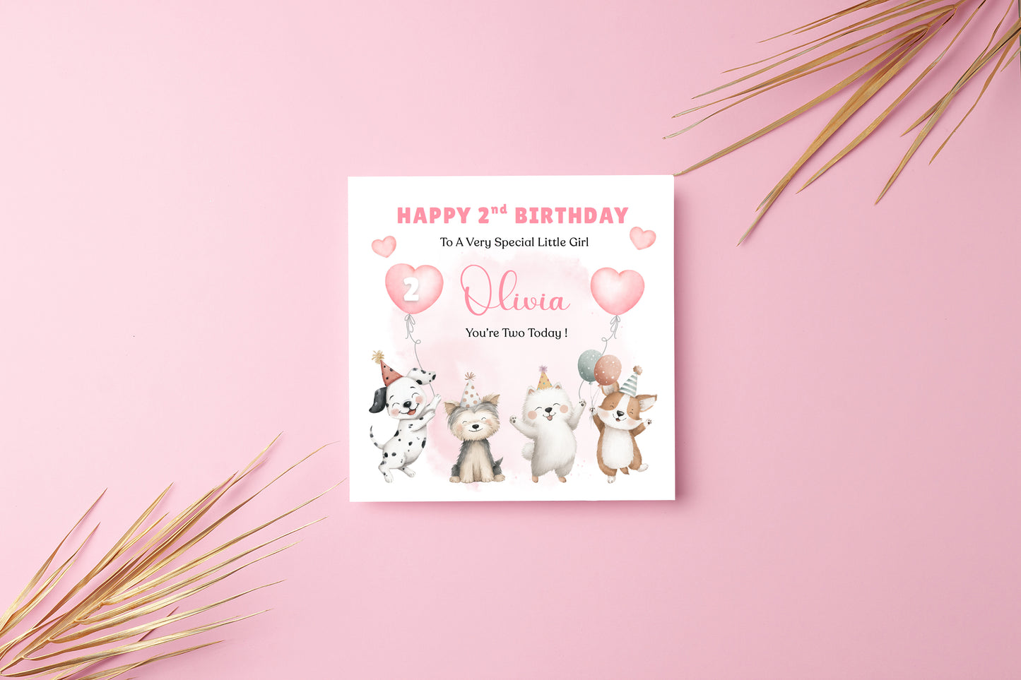 Personalised 2 Years Old 2nd Birthday Card for Toddler Girl – Puppy Dogs Design  Design with Custom Name & Message - Two years old Birthday Card for Daughter, Granddaughter, Niece with Pink Envelope