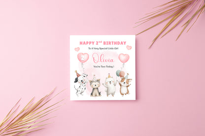 Personalised 2 Years Old 2nd Birthday Card for Toddler Girl – Puppy Dogs Design  Design with Custom Name & Message - Two years old Birthday Card for Daughter, Granddaughter, Niece with Pink Envelope