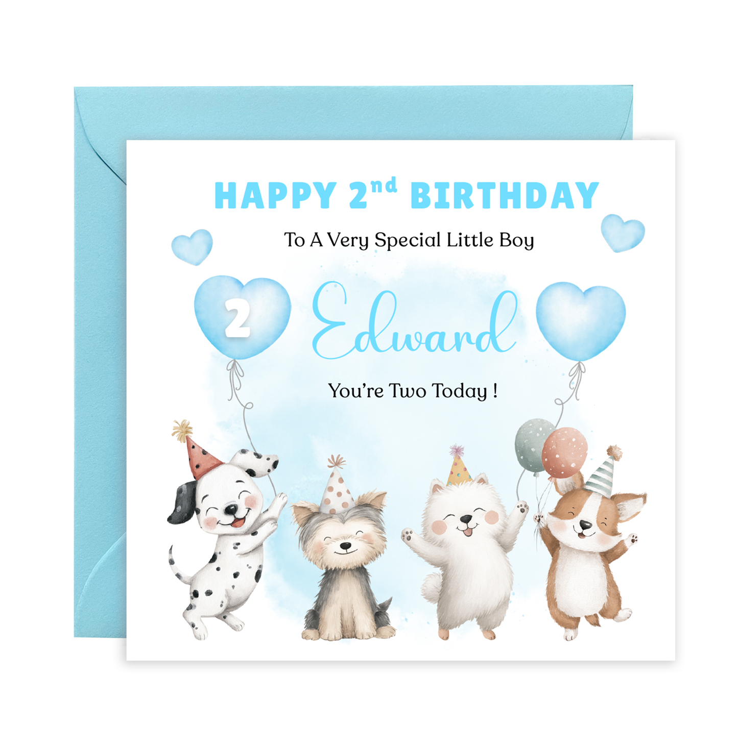 Personalised 2 Years Old 2nd Birthday Card for Toddler Boy – Puppy Dogs Design  Design with Custom Name & Message - Two years old Birthday Card for Son, Grandson Nephew with Blue Envelope