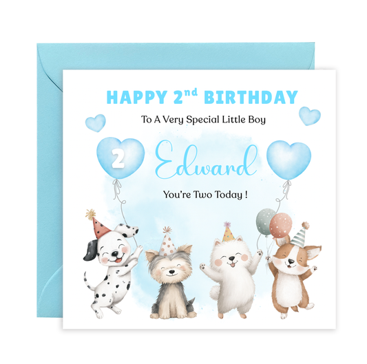 Personalised 2 Years Old 2nd Birthday Card for Toddler Boy – Puppy Dogs Design  Design with Custom Name & Message - Two years old Birthday Card for Son, Grandson Nephew with Blue Envelope