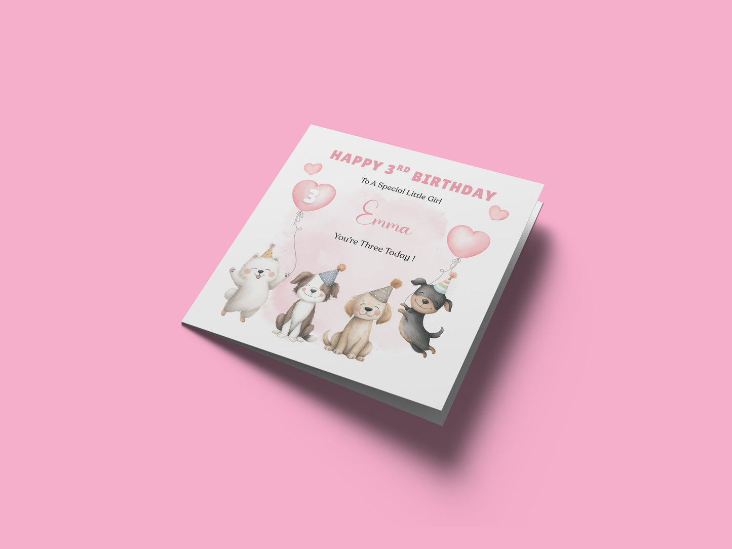Personalised 3 Years Old 3rd Birthday Card for Toddler Girl – Puppy Dogs Design with Custom Name & Message - Age 3 Year Old Birthday Card for Girls, Daughter, Granddaughter, Niece with Pink Envelope
