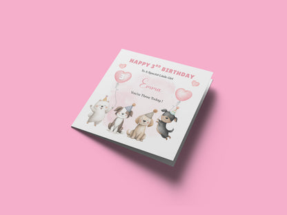 Personalised 3 Years Old 3rd Birthday Card for Toddler Girl – Puppy Dogs Design with Custom Name & Message - Age 3 Year Old Birthday Card for Girls, Daughter, Granddaughter, Niece with Pink Envelope