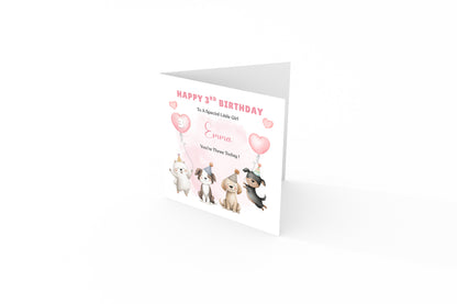 Personalised 3 Years Old 3rd Birthday Card for Toddler Girl – Puppy Dogs Design with Custom Name & Message - Age 3 Year Old Birthday Card for Girls, Daughter, Granddaughter, Niece with Pink Envelope