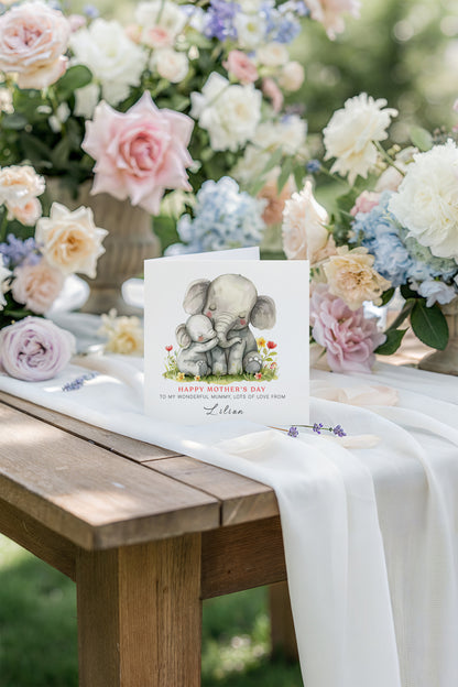 Personalised Happy Mother's Day Card with Custom Name for Mummy, Mama, Mother to be, Step-Mum, Grandma from Kid, Son & Daughter – Cute Elephant Mum & Kid - Pink Envelope Included