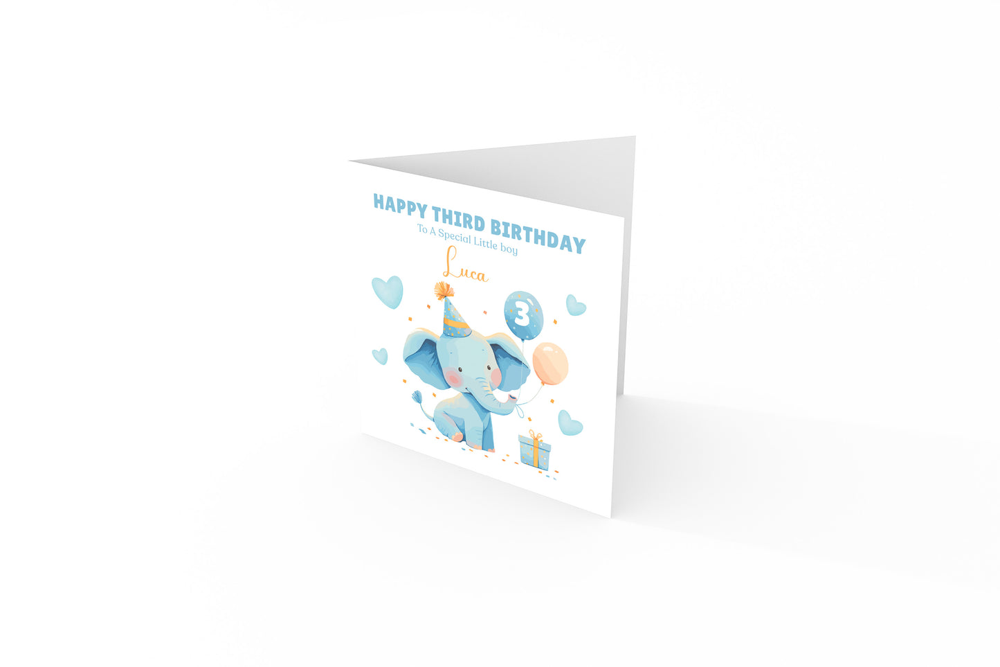 Personalised 3 Years Old 3rd Birthday Card for Toddler Boy – Blue Elephant Design with Custom Name & Message - Age 3 Year Old Birthday Card for Little One, Son, Grandson, Nephew with Blue Envelope