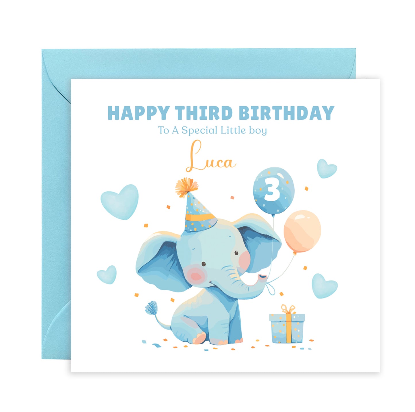 Personalised 3 Years Old 3rd Birthday Card for Toddler Boy – Blue Elephant Design with Custom Name & Message - Age 3 Year Old Birthday Card for Little One, Son, Grandson, Nephew with Blue Envelope