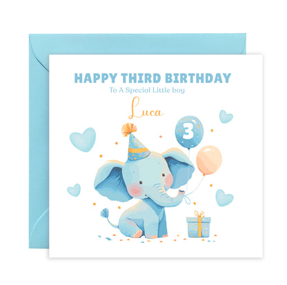 Personalised 3 Years Old 3rd Birthday Card for Toddler Boy – Blue Elephant Design with Custom Name & Message - Age 3 Year Old Birthday Card for Little One, Son, Grandson, Nephew with Blue Envelope