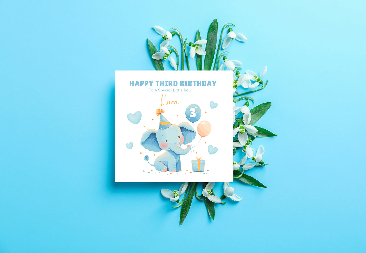 Personalised 3 Years Old 3rd Birthday Card for Toddler Boy – Blue Elephant Design with Custom Name & Message - Age 3 Year Old Birthday Card for Little One, Son, Grandson, Nephew with Blue Envelope