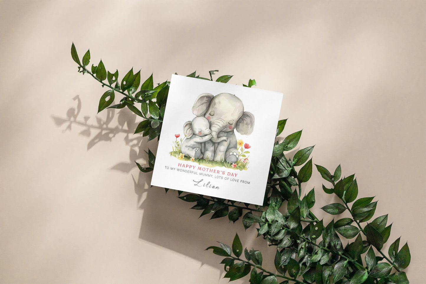 Personalised Happy Mother's Day Card with Custom Name for Mummy, Mama, Mother to be, Step-Mum, Grandma from Kid, Son & Daughter – Cute Elephant Mum & Kid - Pink Envelope Included
