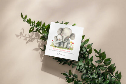 Personalised Happy Mother's Day Card with Custom Name for Mummy, Mama, Mother to be, Step-Mum, Grandma from Kid, Son & Daughter – Cute Elephant Mum & Kid - Pink Envelope Included