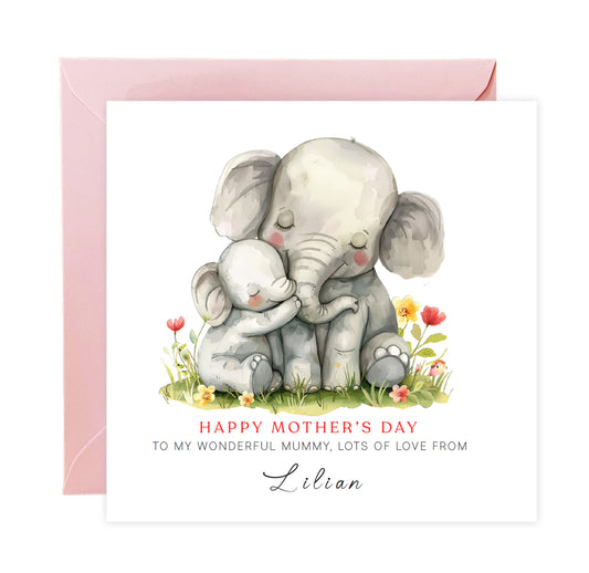 Personalised Happy Mother's Day Card with Custom Name for Mummy, Mama, Mother to be, Step-Mum, Grandma from Kid, Son & Daughter – Cute Elephant Mum & Kid - Pink Envelope Included