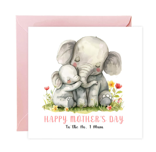 Happy Mother's Day Card for Mummy, Mama, Mother to be, Step-Mum, Grandma from Kid, Son & Daughter – Cute Elephant Mum & Kid Design- Pink Envelope Included