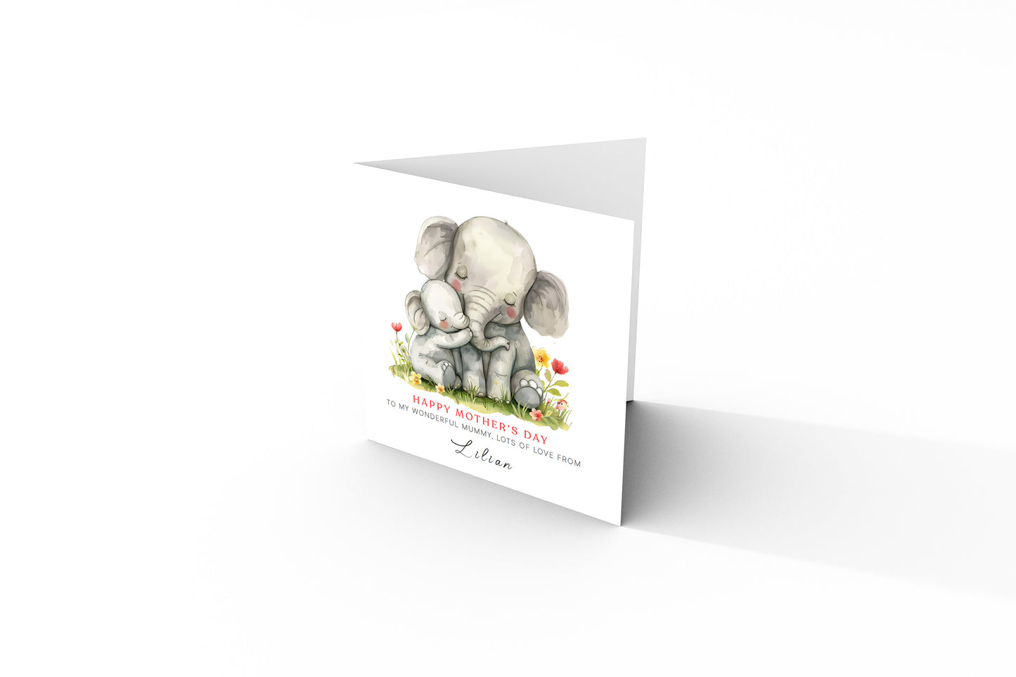 Personalised Happy Mother's Day Card with Custom Name for Mummy, Mama, Mother to be, Step-Mum, Grandma from Kid, Son & Daughter – Cute Elephant Mum & Kid - Pink Envelope Included