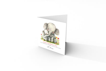 Personalised Happy Mother's Day Card with Custom Name for Mummy, Mama, Mother to be, Step-Mum, Grandma from Kid, Son & Daughter – Cute Elephant Mum & Kid - Pink Envelope Included