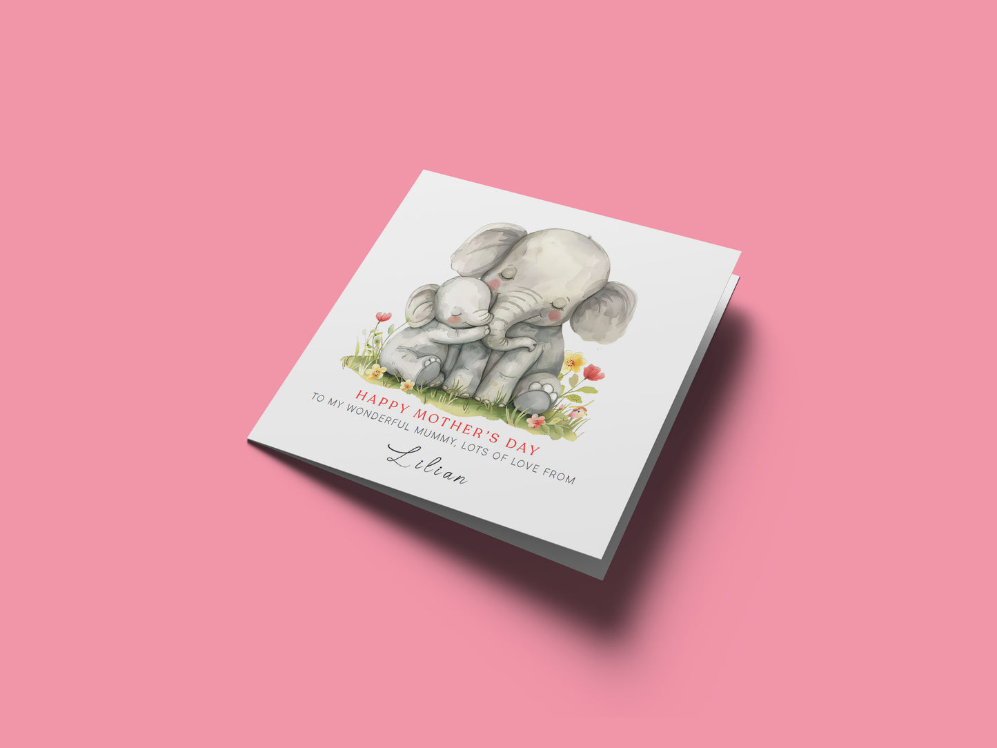 Personalised Happy Mother's Day Card with Custom Name for Mummy, Mama, Mother to be, Step-Mum, Grandma from Kid, Son & Daughter – Cute Elephant Mum & Kid - Pink Envelope Included
