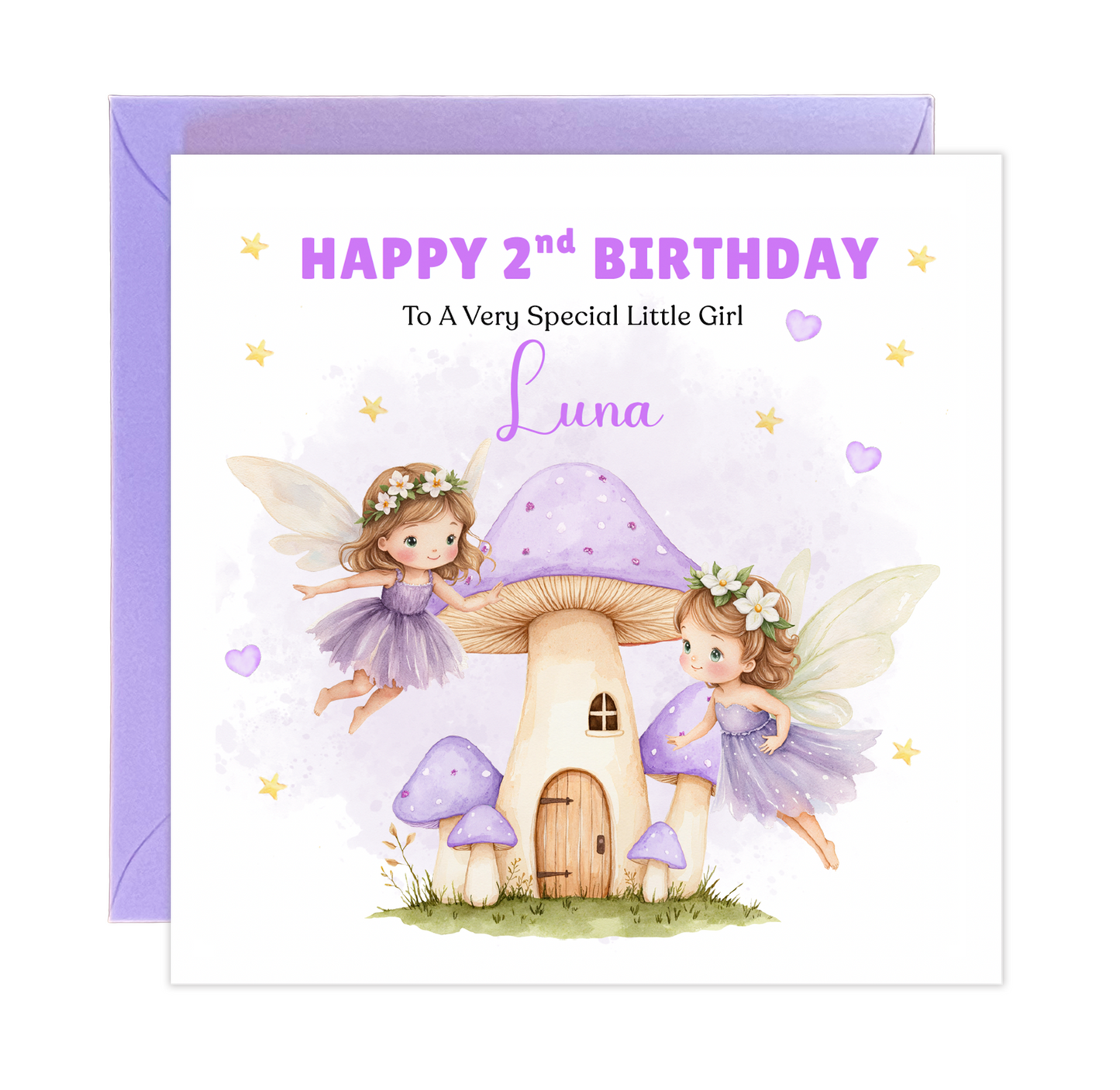 Personalised 2 Years Old 2nd Birthday Card for Toddler Girl – Cute Fairy Design  Design with Custom Name & Message - Two years old Birthday Card for Daughter, Granddaughter, Niece with Purple Envelope