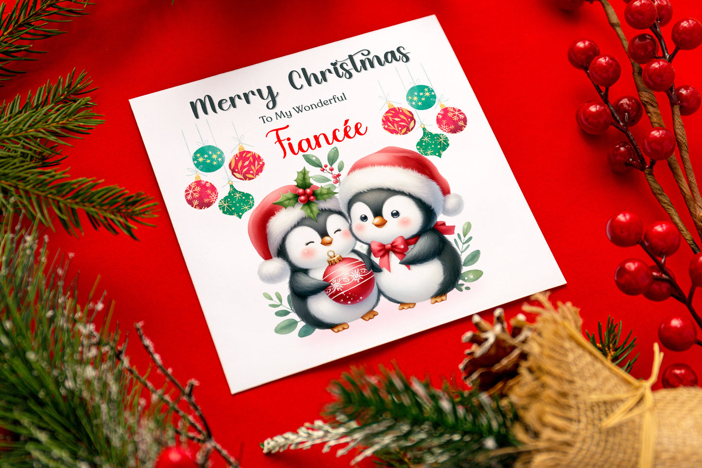Cute Penguin Couple Merry Christmas Card – Penguins Xmas Card for Him or Her  – 6 Options Available: Boyfriend, Girlfriend, Husband, Wife, Fiancé & Fiancée – Red Envelope Included