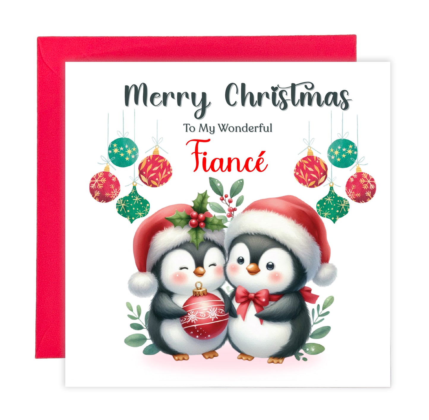 Cute Penguin Couple Merry Christmas Card – Penguins Xmas Card for Him or Her  – 6 Options Available: Boyfriend, Girlfriend, Husband, Wife, Fiancé & Fiancée – Red Envelope Included