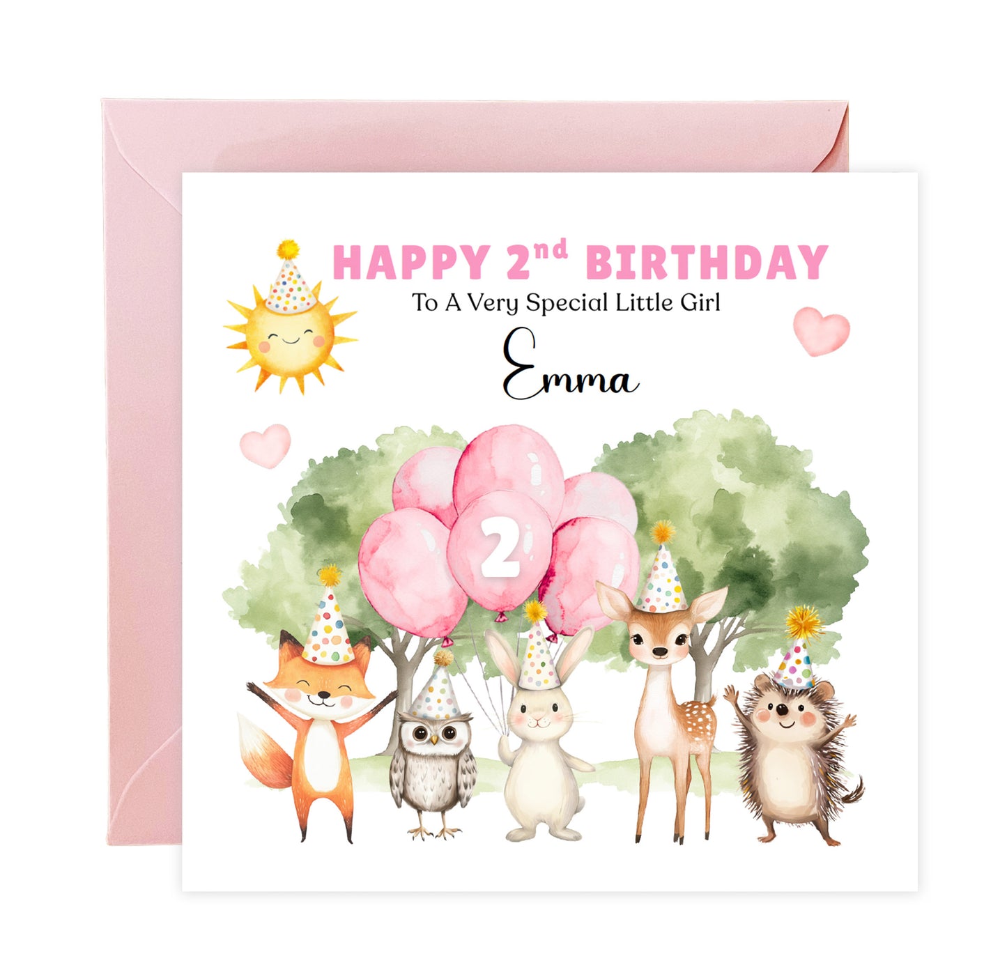 Personalised 2 Years Old 2nd Birthday Card for Toddler Girl – Forest Animal Design with Custom Name & Message - Two years old Birthday Card for Daughter, Granddaughter, Niece with Pink Envelope