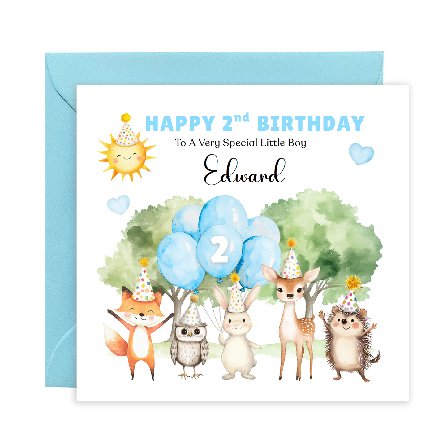 Personalised 2 Years Old 2nd Birthday Card for Toddler Boy – Forest Animal Design with Custom Name & Message - Two years old Birthday Card for Son, Grandson Nephew with Blue Envelope