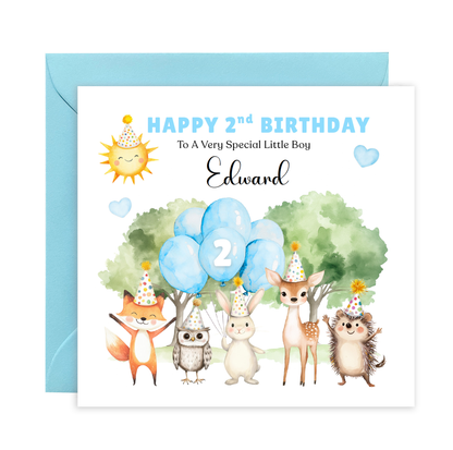 Personalised 2 Years Old 2nd Birthday Card for Toddler Boy – Forest Animal Design with Custom Name & Message - Two years old Birthday Card for Son, Grandson Nephew with Blue Envelope