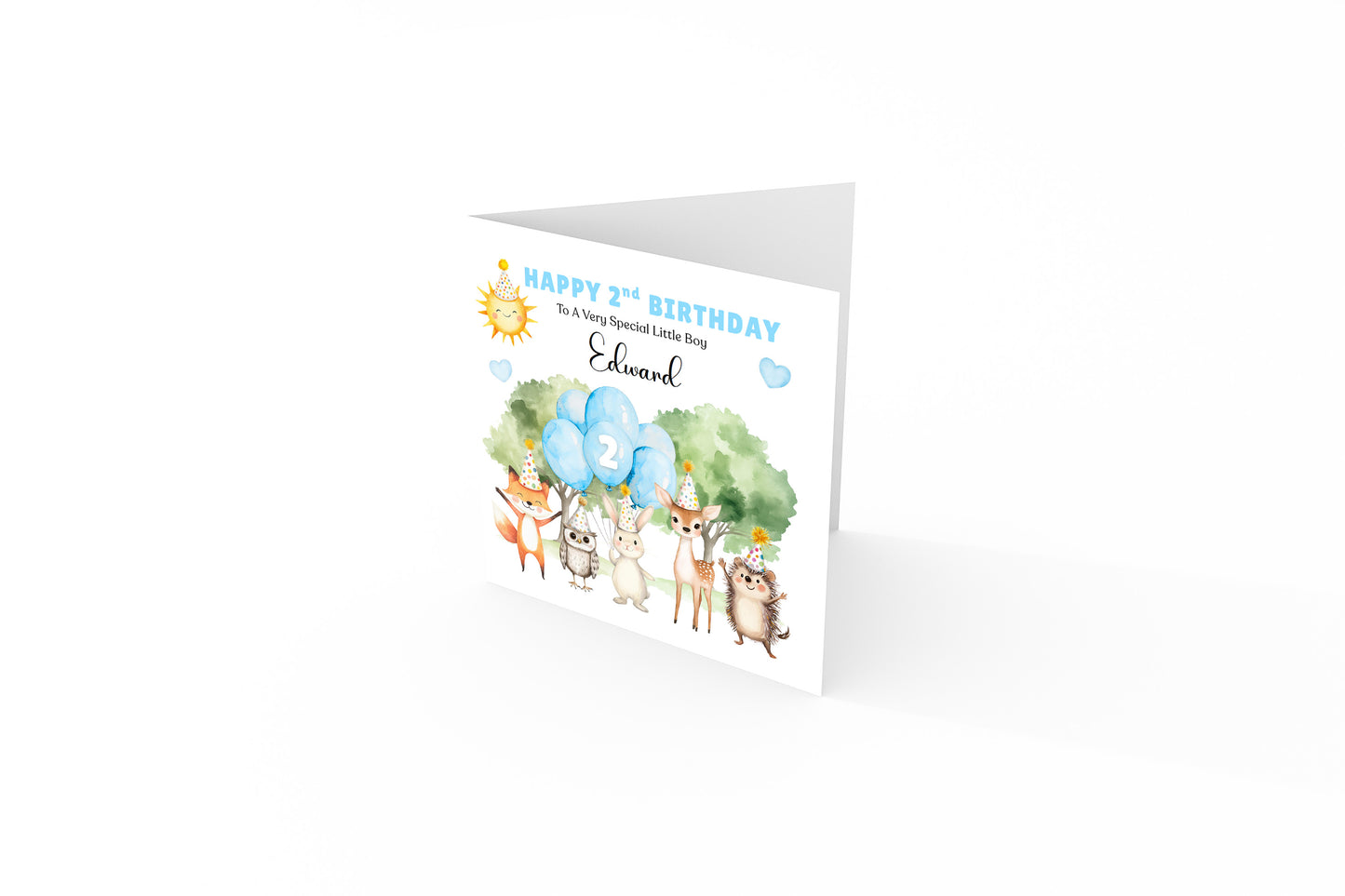 Personalised 2 Years Old 2nd Birthday Card for Toddler Boy – Forest Animal Design with Custom Name & Message - Two years old Birthday Card for Son, Grandson Nephew with Blue Envelope