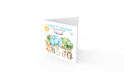 Personalised 2 Years Old 2nd Birthday Card for Toddler Boy – Forest Animal Design with Custom Name & Message - Two years old Birthday Card for Son, Grandson Nephew with Blue Envelope