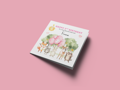 Personalised 2 Years Old 2nd Birthday Card for Toddler Girl – Forest Animal Design with Custom Name & Message - Two years old Birthday Card for Daughter, Granddaughter, Niece with Pink Envelope