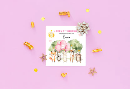 Personalised 2 Years Old 2nd Birthday Card for Toddler Girl – Forest Animal Design with Custom Name & Message - Two years old Birthday Card for Daughter, Granddaughter, Niece with Pink Envelope